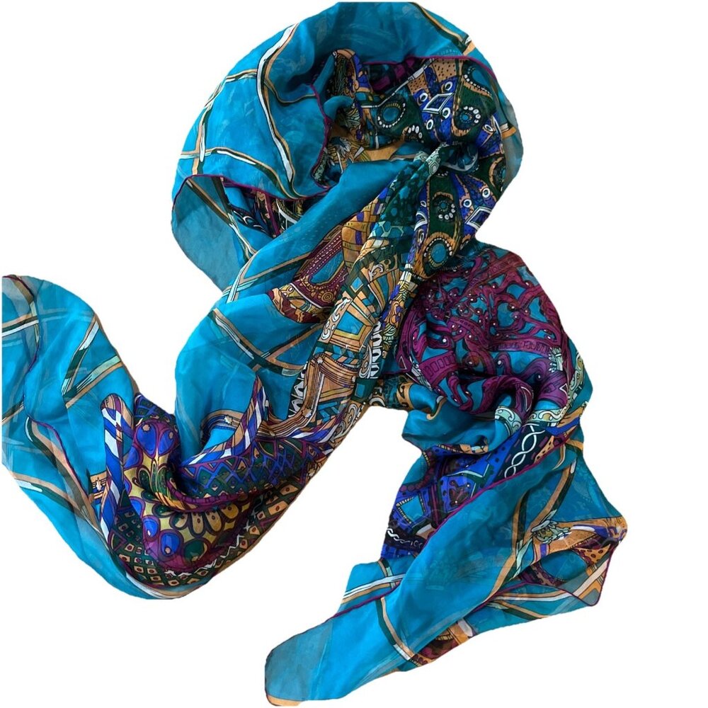 Gorgeous Teal Purple Gold Chiffon Like Oversized Scarf 52 inches Square